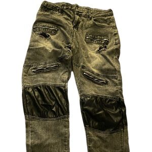 Distressed skinny jean with faux leather knee patches